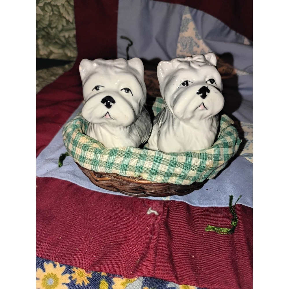 White Terrier In A Basket Salt And Pepper Shakers Vintage